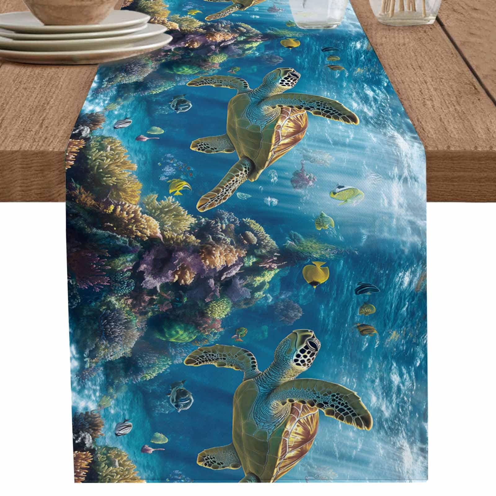 nqOlkjepod Coastal Turtle Table Runner 72 Inches Long Farmhouse Dress ...