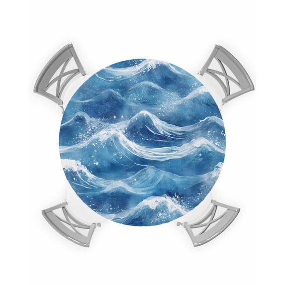 nqOlkjepod Coastal Waves Round Tablecloth, Fitted Table Cover with Elastic for 36"-44" Round Tables, Summer Beach Ocean Nautical Watercolor Table Cloth Outdoor Dinning Party Waterproof Tablecloths