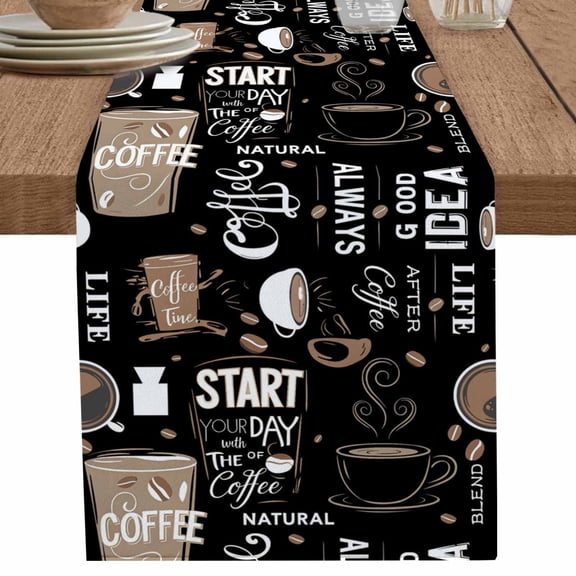 nqOlkjepod Coffee Black Table Runner 36 Inches Long Farmhouse Dress Scarves, Brown Beans Cup Dessert Drink Monochrome Dining Tablerunner for Coffee Table/Kitchen Island/Party Décor, Small 13" x 36"