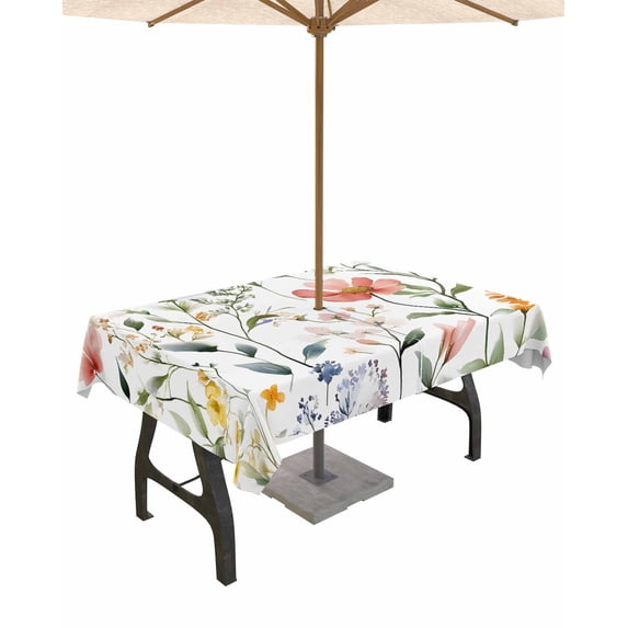nqOlkjepod Colored Flower Outdoor Tablecloth with Umbrella Hole & Zipper, Green Leaf Aesthetics Pastel Spring Plant Rectangle Table Cover 52x70 Inch, Waterproof Table Cloth Protector for Patio