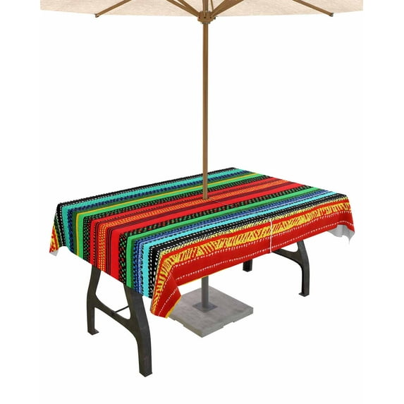 nqOlkjepod Colored Stripes Outdoor Tablecloth with Umbrella Hole & Zipper, Abstract Striped Red Green Blue Striped Rectangle Table Cover 52x70 Inch, Dining Waterproof Table Cloth Protector for Patio