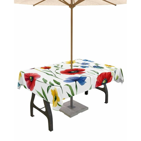 nqOlkjepod Colorful Poppies Outdoor Tablecloth with Umbrella Hole & Zipper, Orange Blue Flowers Summer 4th July Rectangle Table Cover 60x84 Inch, Dining Waterproof Table Cloth Protector for Patio