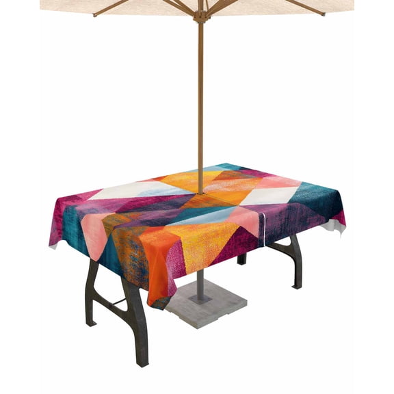 nqOlkjepod Colorful Shabby Rhombus Outdoor Tablecloth with Umbrella Hole & Zipper, Vintage Color Block Rectangle Table Cover 52x70 Inch, Dining Waterproof Table Cloth Protector for Patio/Party