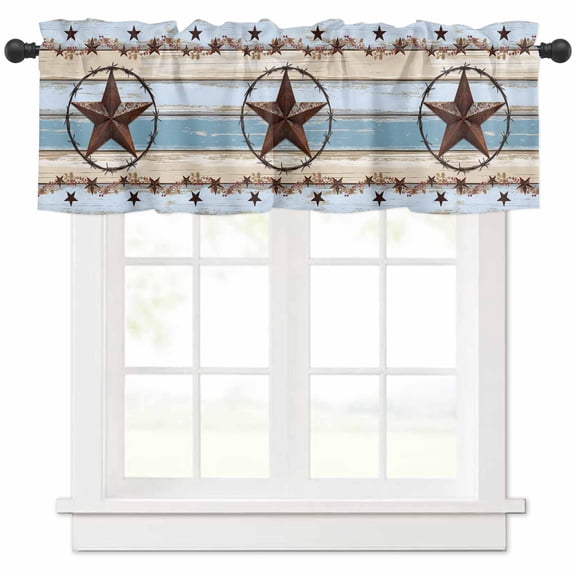 nqOlkjepod Country Star Blue Farmhouse Short Window Curtain Valances, Farmhouse Western Texas Star Barn Rod Pocket Kitchen Valances for Living Room Bedroom Bathroom Cafe, 1 Panel - 42" x 18"