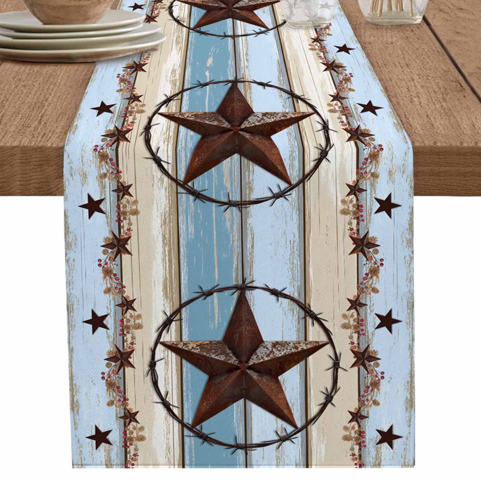 nqOlkjepod Country Star Blue Table Runner 70 Inches Long Farmhouse Dress Scarves, Farmhouse Western Texas Star Barn Dining Tablerunner for Coffee Table/Kitchen Island/Party Décor, 13" x 70"