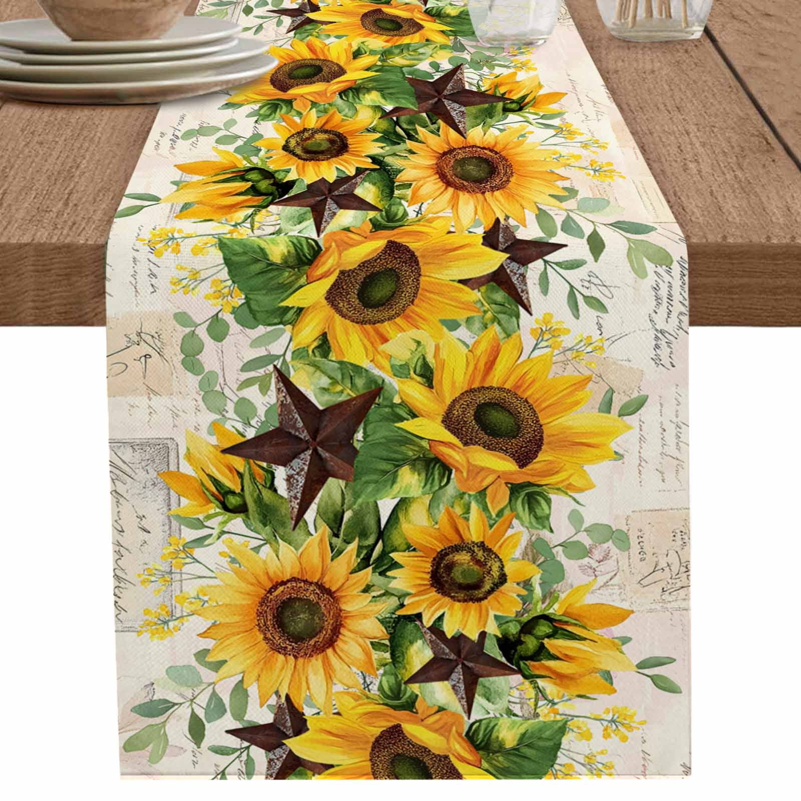 Sunflowers Table Runner 120 Inches Long - Vintage Bee Letter Print, Burlap Linen, For Dining Table Decor