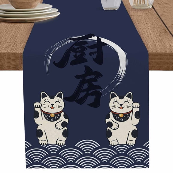 nqOlkjepod Cute Cat Table Runner 36 Inches Long Farmhouse Dress Scarves, Navy Blue Japanese Style Animals Wave Pattern Dining Tablerunner for Coffee Table/Kitchen Island/Party Décor, Small 13" x 36"