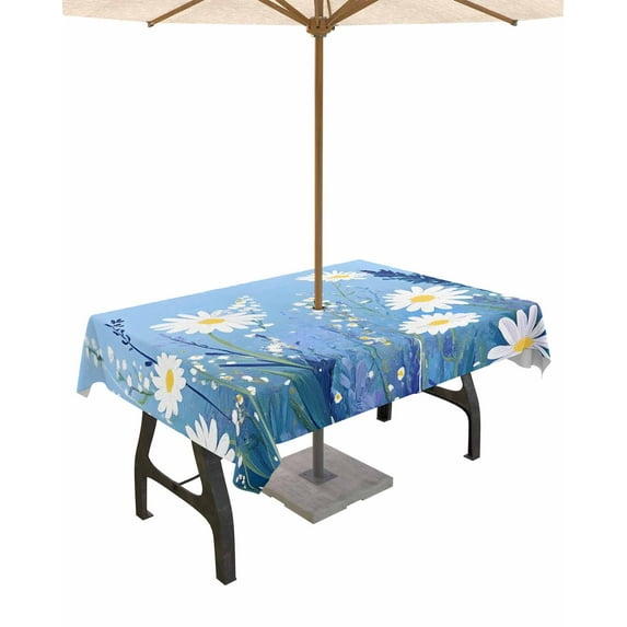 nqOlkjepod Daisy Botanical Outdoor Tablecloth with Umbrella Hole & Zipper, Blue Floral Pastoral Rectangle Table Cover 60x120 Inch, Dining Waterproof Table Cloth Protector for Patio/Party/Picnic