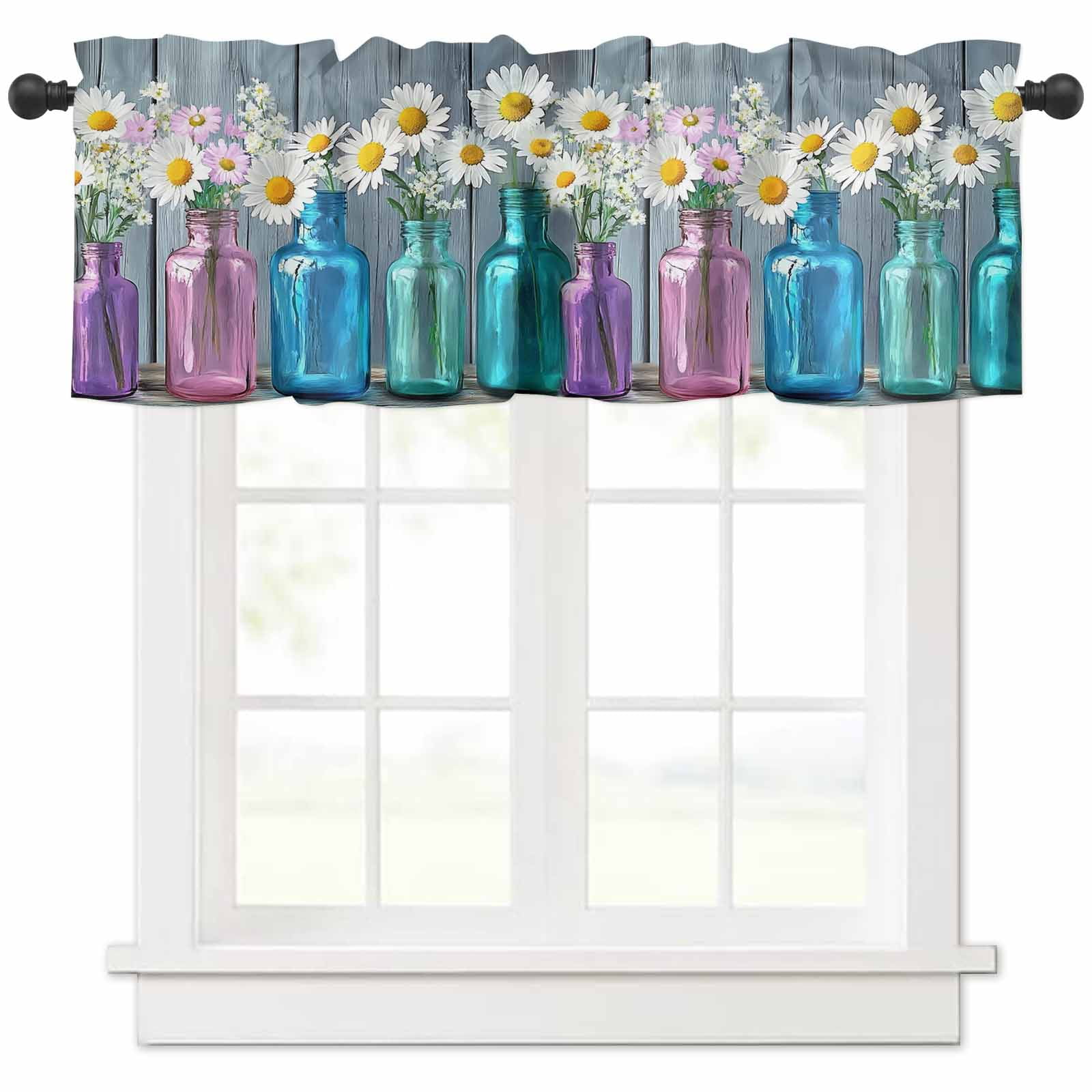 VOGOL Blue Floral Embroidered Curtain Valance - Country Style Rod Pocket Window Treatment, 52" X 12", Soft Polyester (1 Panel)