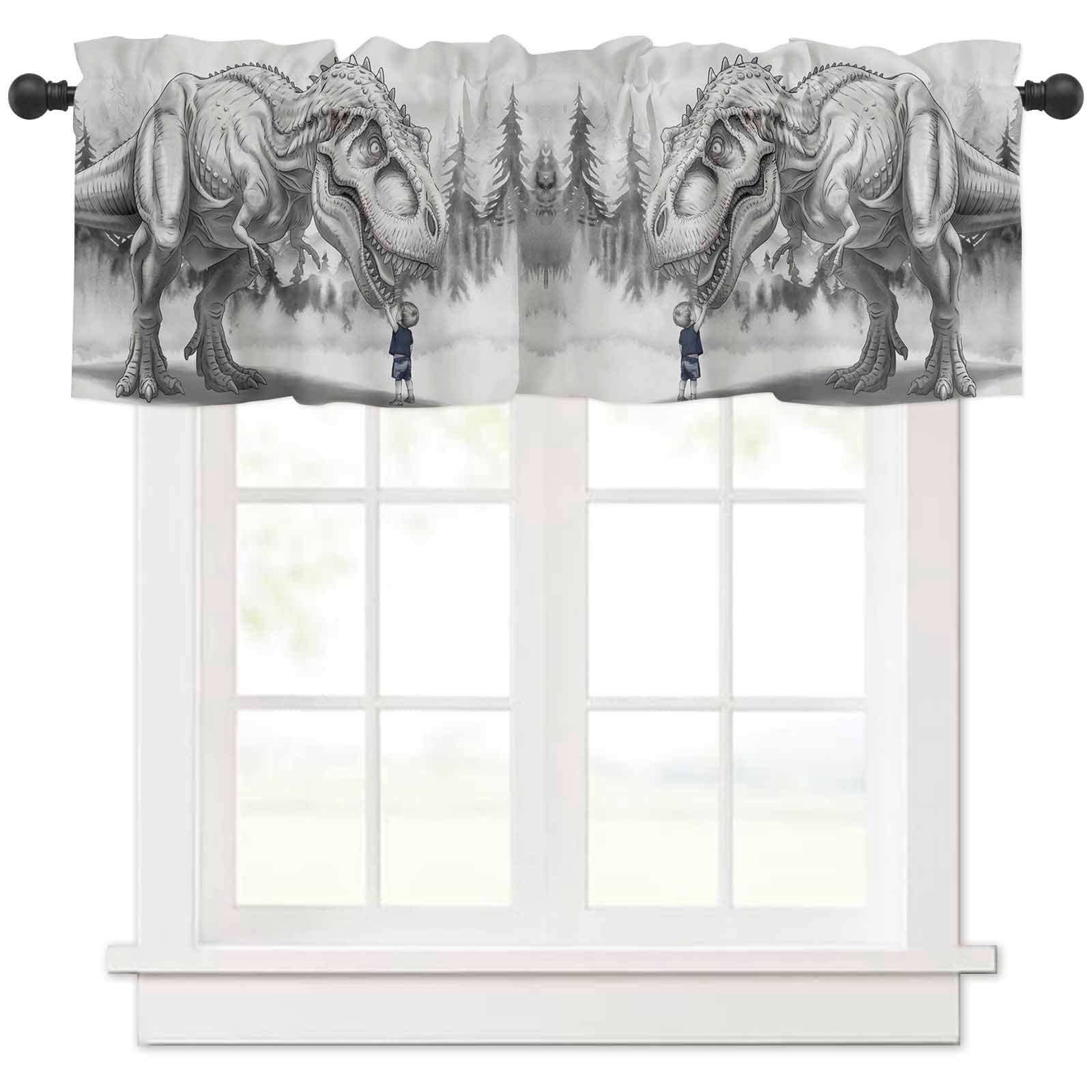 nqOlkjepod Dinosaurs Boy Farmhouse Short Window Curtain Valances, Gray Funny Cartoon Forest Animals Rod Pocket Kitchen Valances for Living Room Bedroom Bathroom Cafe, 1 Panel - 60" x 18"