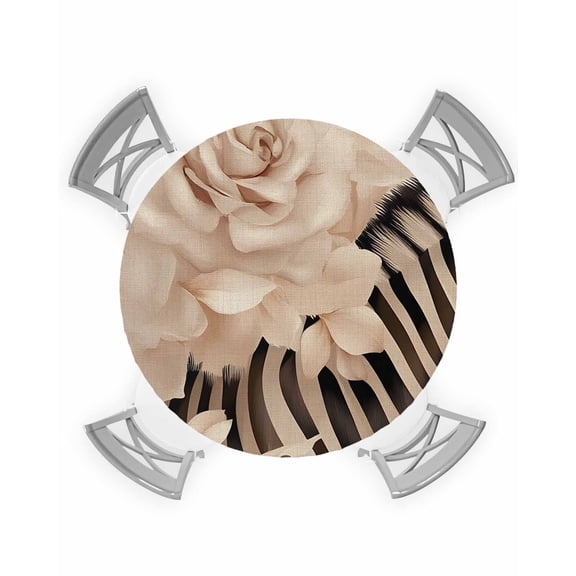nqOlkjepod Elegant Flowers Round Tablecloth, Fitted Table Cover with Elastic for 36"-44" Round Tables, Botanical Zebra Pattern Plant Black Table Cloth Outdoor Dinning Party Waterproof Tablecloths