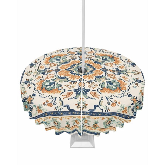 nqOlkjepod Ethnic Rustic Outdoor Tablecloth with Umbrella Hole & Zipper, Boho Southwestern Heritage Orange Blue Round Table Cover 54 Inch, Dining Waterproof Table Cloth Protector for Patio/Party