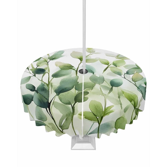 nqOlkjepod Eucalyptus Botanical Green Outdoor Tablecloth with Umbrella Hole & Zipper, Spring Blooms Leaves Round Table Cover 54 Inch, Dining Waterproof Table Cloth Protector for Patio/Party/Picnic