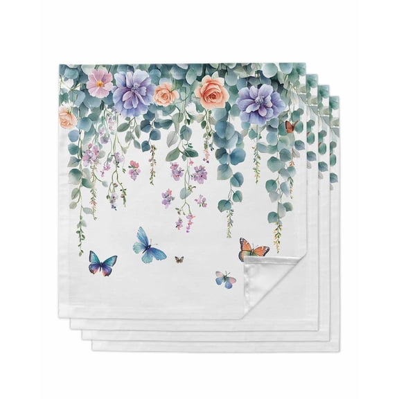 nqOlkjepod Eucalyptus Butterflies Cloth Napkins Set of 4 Reusable Dinner Napkins, Spring Garden Botanical Cocktail Napkin Washable Table Napkins for Wedding/Holiday Party/Baby Shower 20"x20"