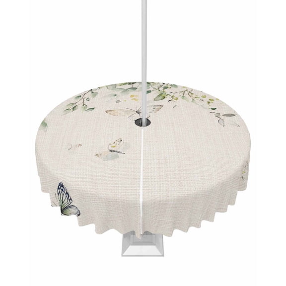 nqOlkjepod Eucalyptus Leaves Outdoor Tablecloth with Umbrella Hole & Zipper, Farmhouse Botanical Vines Butterfly Round Table Cover 54 Inch, Dining Waterproof Table Cloth Protector for Patio/Party