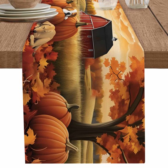 nqOlkjepod Fall Country Table Runner 36 Inches Long Farmhouse Dress Scarves, Autumn Orange Pumpkin Barn Dog Animal Dining Tablerunner for Coffee Table/Kitchen Island/Party Décor, Small 13" x 36"