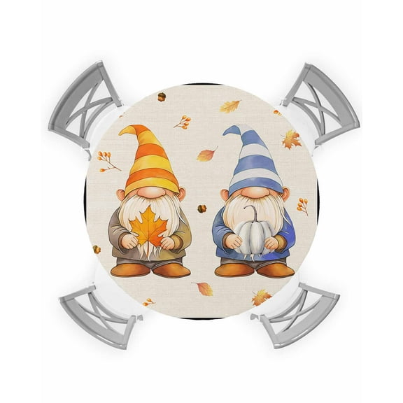 nqOlkjepod Fall Gnomes Round Tablecloth, Fitted Table Cover with Elastic for 55"-60" Round Tables, Brown Striped Maple Leaf Botanical Table Cloth Outdoor Indoor Dinning Party Waterproof Tablecloths