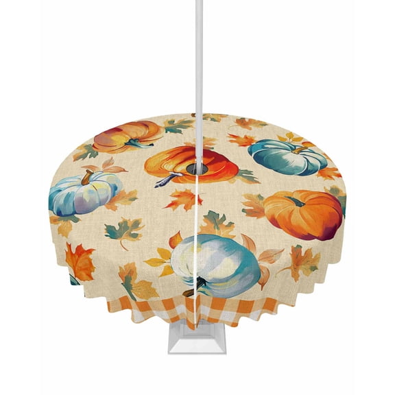 nqOlkjepod Fall Orange Blue Pumpkins Outdoor Tablecloth with Umbrella Hole & Zipper, Orange Plaid Thanksgiving Round Table Cover 60 Inch, Dining Waterproof Table Cloth Protector for Patio/Party