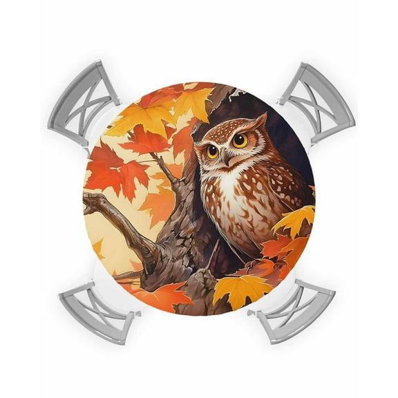 nqOlkjepod Fall Owl Round Tablecloth, Fitted Table Cover with Elastic for 36"-44" Round Tables, Orange Yellow Maple Leaf Botanical Thanksgiving Table Cloth Dinning Party Waterproof Tablecloths