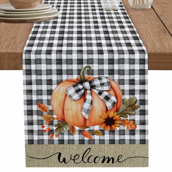 nqOlkjepod Fall Plaid Table Runner 48 Inches Long Farmhouse Dress Scarves, Thanksgiving Orange Pumpkin Sunflower Black Dining Tablerunner for Coffee Table/Kitchen Island/Party Décor, 13" x 48"