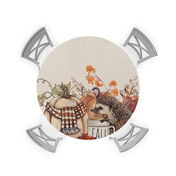 nqOlkjepod Fall Pumpkin Hedgehog Round Tablecloth, Fitted Table Cover with Elastic for 55"-60" Round Tables, Rustic Thanksgiving Table Cloth Outdoor Indoor Dinning Party Waterproof Tablecloths