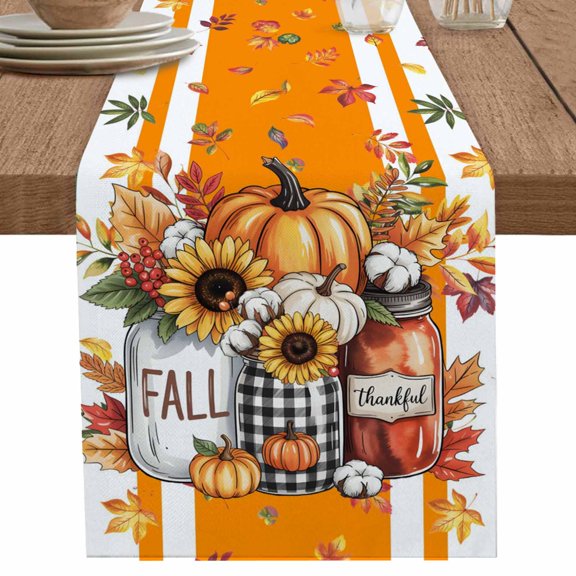 nqOlkjepod Fall Pumpkin Sunflower Table Runner 72 Inches Long Farmhouse Dress Scarves, Thanksgiving Maple Orange Striped Autumn Dining Tablerunner for Coffee Table/Kitchen Island/Party, 13"x72"