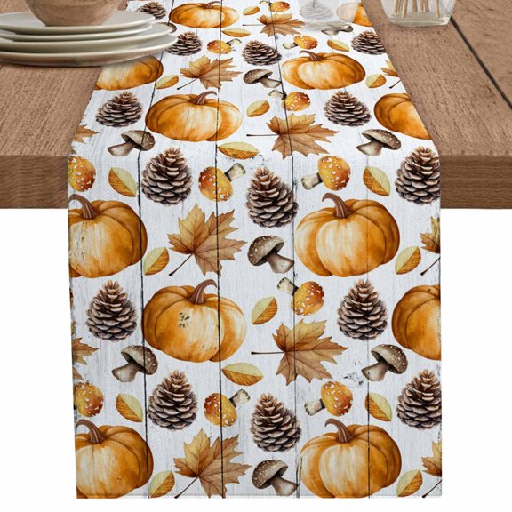 nqOlkjepod Fall Pumpkins Table Runner 36 Inches Long Farmhouse Dress Scarves, Thanksgiving Maple Pine Cone Rustic Mushrooms Dining Tablerunner for Coffee Table/Kitchen Island/Party, Small 13"x36"