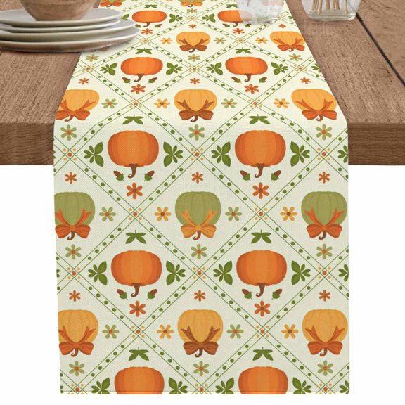 nqOlkjepod Fall Thanksgiving Table Runner 70 Inches Long Farmhouse Dress Scarves, Orange Green Pumpkins Botanical Dining Tablerunner for Coffee Table/Kitchen Island/Party Décor, 13" x 70"