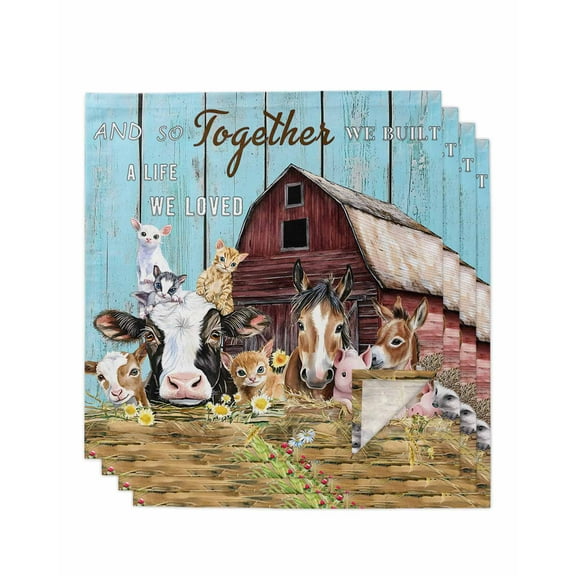 nqOlkjepod Farmhouse Animals Cloth Napkins Set of 4 Reusable Dinner Napkins, Pig Cow Retro Farm Blue Wood Grain Cocktail Napkin Washable Table Napkins for Wedding/Holiday Party/Baby Shower 20"x20"