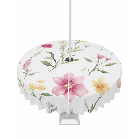 nqOlkjepod Farmhouse Floral Outdoor Tablecloth with Umbrella Hole & Zipper, Spring Botanical Blossom Flowers Round Table Cover 54 Inch, Dining Waterproof Table Cloth Protector for Patio/Party/Picnic
