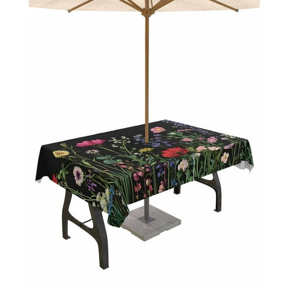 nqOlkjepod Farmhouse Floral Outdoor Tablecloth with Umbrella Hole & Zipper, Vintage Flower Black Rectangle Table Cover 52x70 Inch, Dining Waterproof Table Cloth Protector for Patio/Party/Picnic