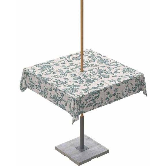 nqOlkjepod Farmhouse Outdoor Tablecloth with Umbrella Hole & Zipper, Teal Blue Green Vintage Flower Leaf Plant Square Table Cover 54x54 Inch, Dining Waterproof Table Cloth Protector for Patio/Party