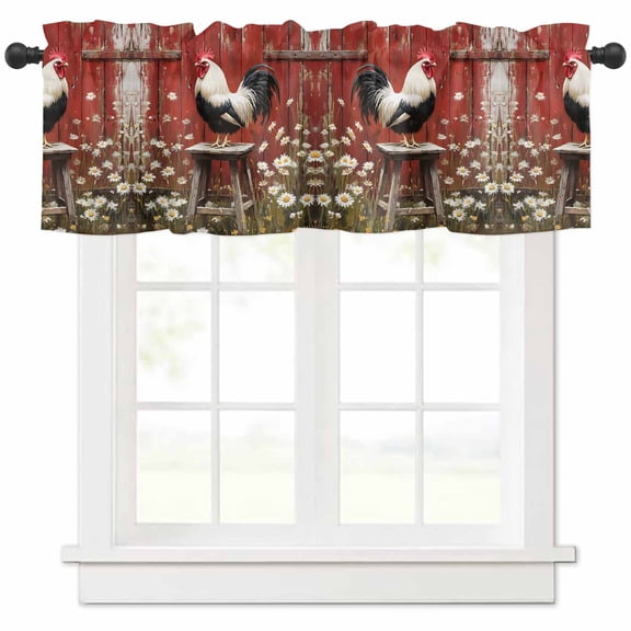 nqOlkjepod Farmhouse Rooster Farmhouse Short Window Curtain Valances, Rustic Daisies Red Wooden Rod Pocket Kitchen Valances for Living Room Bedroom Bathroom Cafe, 1 Panel - 42" x 18"