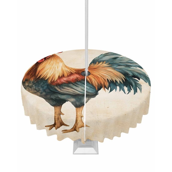 nqOlkjepod Farmhouse Rooster Outdoor Tablecloth with Umbrella Hole & Zipper, Vintage Country Animals Print Round Table Cover 54 Inch, Dining Waterproof Table Cloth Protector for Patio/Party/Picnic