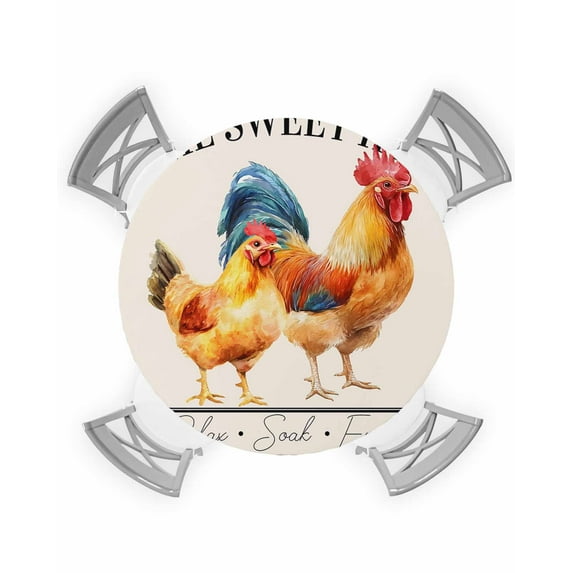 nqOlkjepod Farmhouse Rooster Round Tablecloth, Fitted Table Cover with Elastic for 55"-60" Round Tables, Watercolor Cute Animals Retro Art Table Cloth Outdoor Dinning Party Waterproof Tablecloths