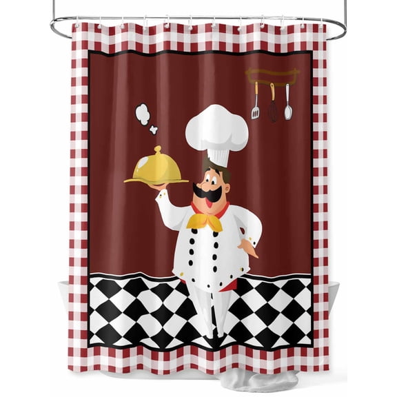 nqOlkjepod Fat Chef Shower Curtain, Waterproof Shower Curtains for Bathroom, Red Gourmet Kitchen Red Black Buffalo Plaid Washable Fabric Bathtub Curtain Set Bath Decor with 12 Hooks Standard 72"x72"