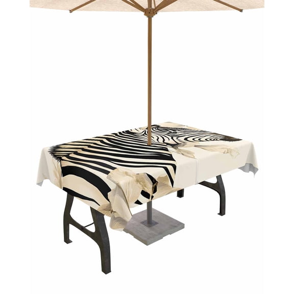 nqOlkjepod Floral Zebra Outdoor Tablecloth with Umbrella Hole & Zipper, Black Stripes Flowers Plant Spring Botanical Rectangle Table Cover 54x80 Inch, Waterproof Table Cloth Protector for Patio
