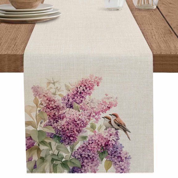 nqOlkjepod Flowers Bird Table Runner 48 Inches Long Farmhouse Dress Scarves, Sparrow Animal Spring Pink Blossom Floral Dining Tablerunner for Coffee Table/Kitchen Island/Party Décor, 13" x 48"