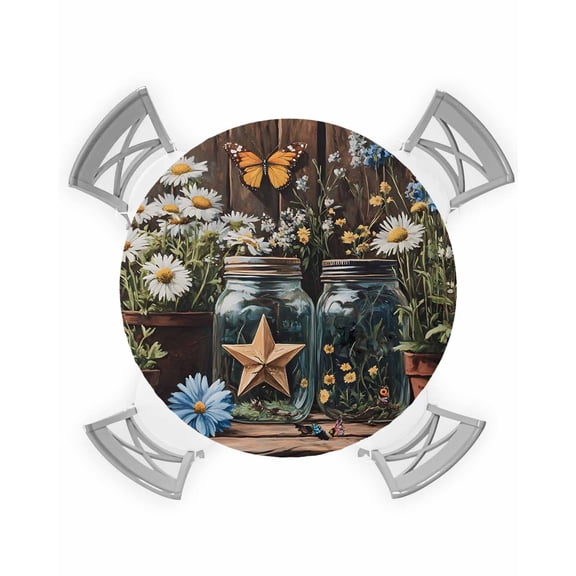 nqOlkjepod Flowers Floral Round Tablecloth, Fitted Table Cover with Elastic for 55"-60" Round Tables, Western Texas Star Farmhouse Brown Lodge Table Cloth Dinning Party Waterproof Tablecloths