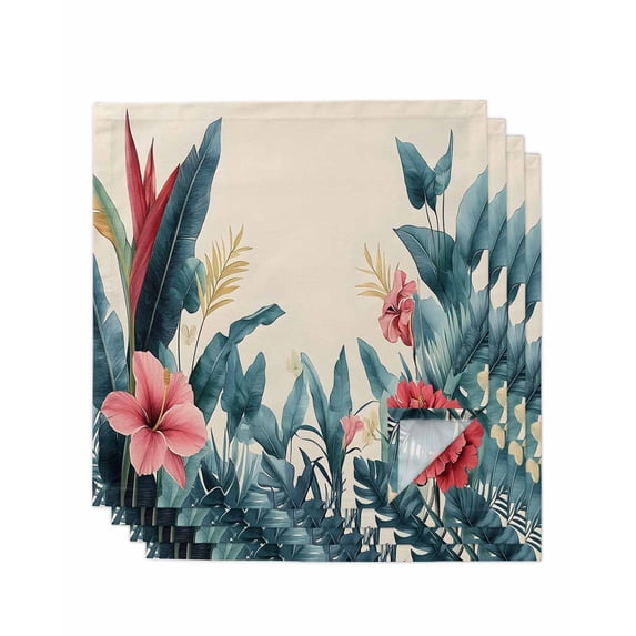 nqOlkjepod Flowers Leaves Cloth Napkins Set of 4 Reusable Dinner Napkins, Retro Botanical Summer Tropical Plants Cocktail Napkin Washable Table Napkins for Wedding/Holiday Party/Baby Shower 20"x20"
