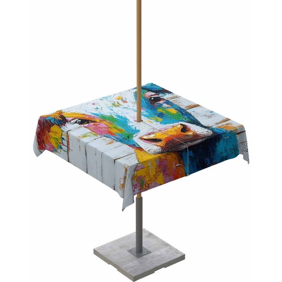 nqOlkjepod Funny Colorful Cow Outdoor Tablecloth with Umbrella Hole & Zipper, Retro Rustic Oil Painting Wood Grain Square Table Cover 60x60 Inch, Dining Waterproof Table Cloth Protector for Patio