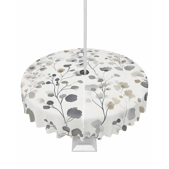 nqOlkjepod Gray Botanical Outdoor Tablecloth with Umbrella Hole & Zipper, Rustic Spring Summer Floral Leaves Round Table Cover 54 Inch, Dining Waterproof Table Cloth Protector for Patio/Party/Picnic