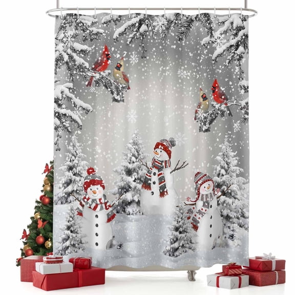nqOlkjepod Gray Christmas Shower Curtain, Waterproof Shower Curtains for Bathroom, Xmas Snowman Birds Tree Branch Snowflake Washable Fabric Bathtub Curtain Set Bath Decor with 12 Hooks 48"x72"
