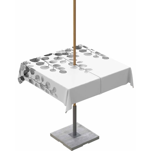 nqOlkjepod Gray Eucalyptus Leaves Outdoor Tablecloth with Umbrella Hole & Zipper, Watercolor Floral Leaf Plants Square Table Cover 54x54 Inch, Dining Waterproof Table Cloth Protector for Patio/Party