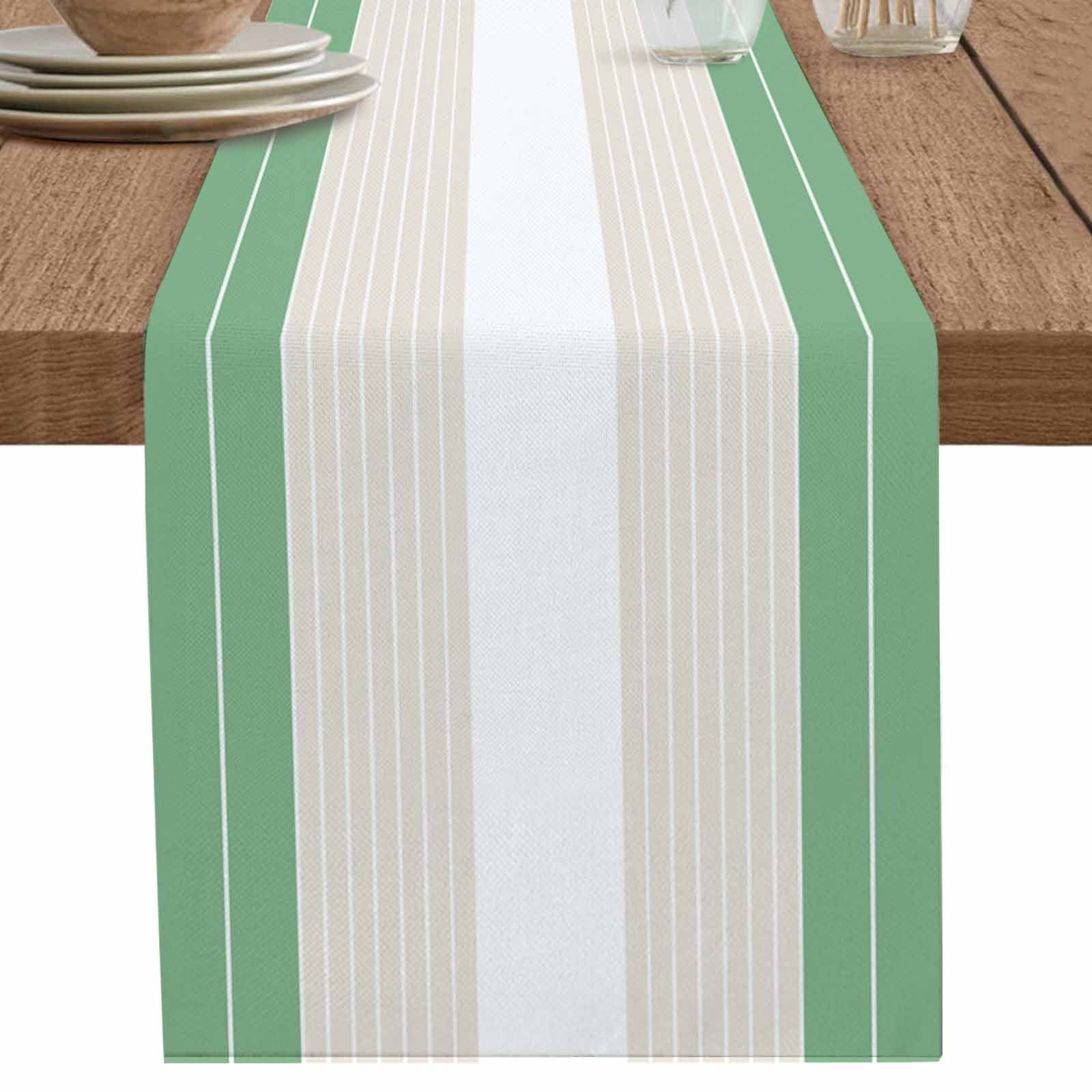 nqOlkjepod Green Beige Stripe Table Runner 48 Inches Long Farmhouse ...
