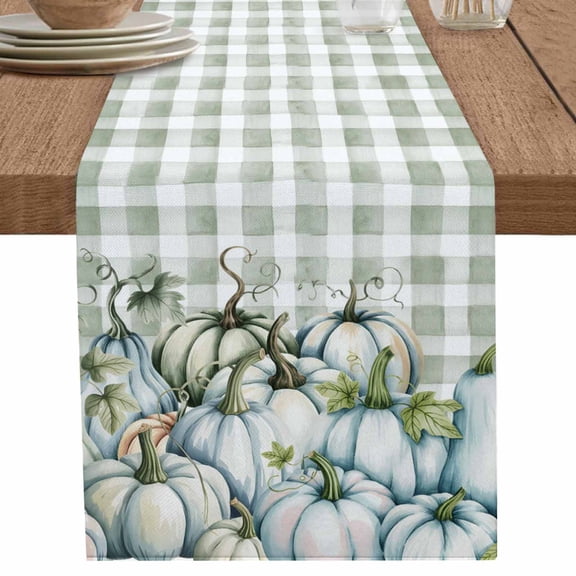 nqOlkjepod Green Blue Pumpkin Fall Table Runner 120 Inches Long Farmhouse Dress Scarves, Thanksgiving Plaid Farmhouse Botanical Dining Tablerunner for Coffee Table/Kitchen Island/Party, 13"x120"
