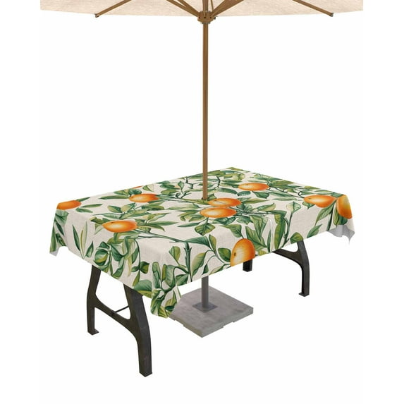nqOlkjepod Green Botanical Leaves Outdoor Tablecloth with Umbrella Hole & Zipper, Vintage Orange Summer Linen Rectangle Table Cover 60x84 Inch, Dining Waterproof Table Cloth Protector for Patio