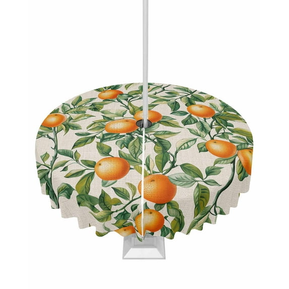 nqOlkjepod Green Botanical Leaves Outdoor Tablecloth with Umbrella Hole & Zipper, Vintage Orange Summer Linen Round Table Cover 54 Inch, Dining Waterproof Table Cloth Protector for Patio/Party