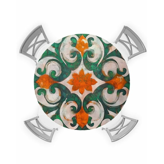 nqOlkjepod Green Burnt Orange Round Tablecloth, Fitted Table Cover with Elastic for 36"-44" Round Tables, Boho Ethnic Flower Abstract Table Cloth Outdoor Indoor Dinning Party Waterproof Tablecloths