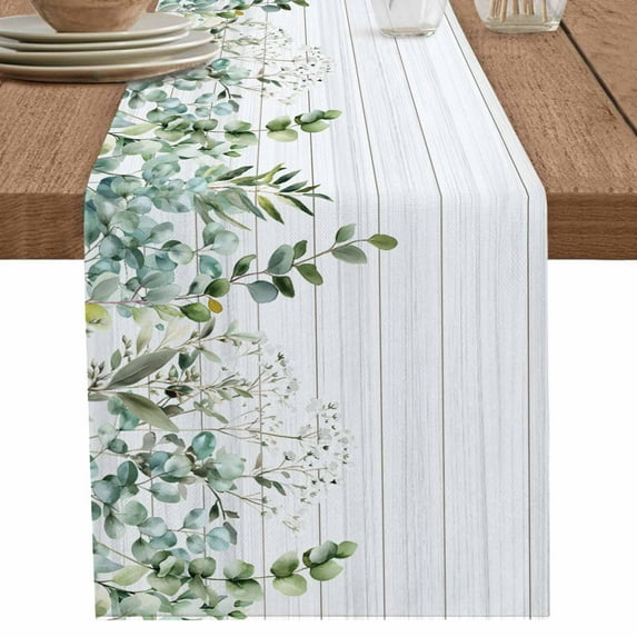nqOlkjepod Green Eucalyptus Leaves Table Runner 48 Inches Long Farmhouse Dress Scarves, Summer Botanical Vintage Wooden Dining Tablerunner for Coffee Table/Kitchen Island/Party Décor, 13" x 48"